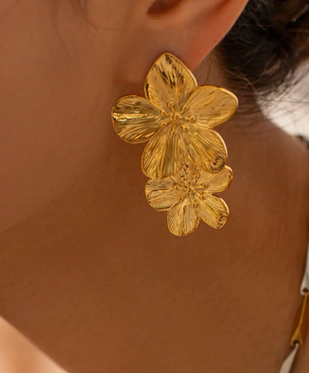 Jewelry - Ivy 18K Gold Statement Stacked Flower Earring