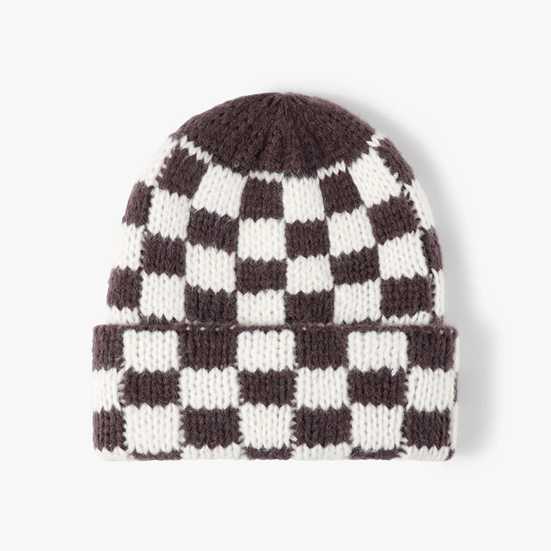 Hat - Retro Checkered Beanie - Choc/White