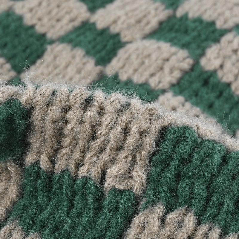 Hat - Retro Checkered Beanie - Green/White