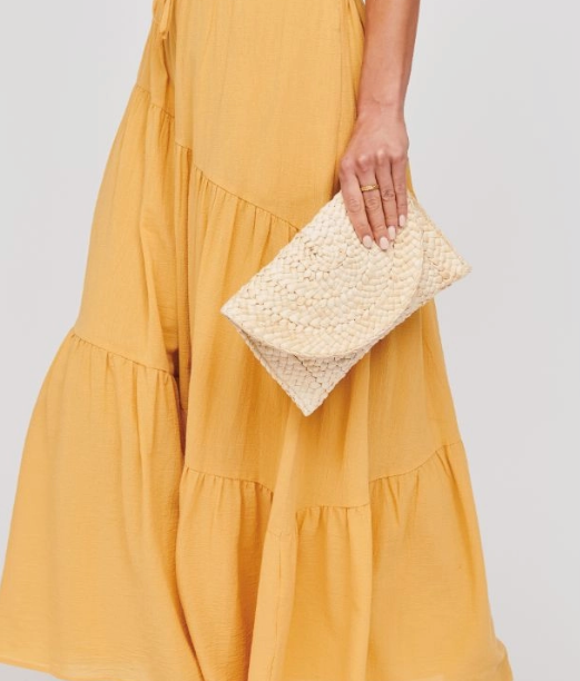 Raffia clutch with strap