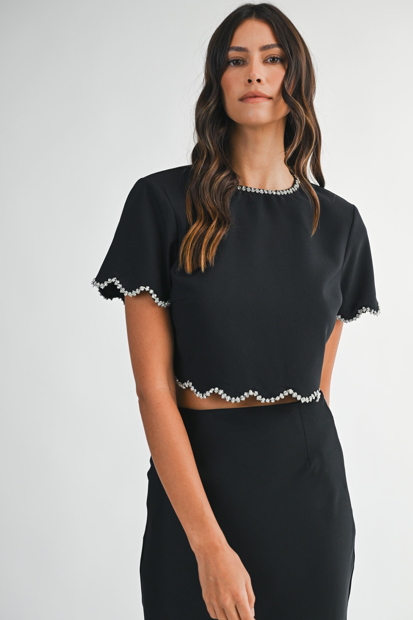 Calla rhinestone scallop blouse