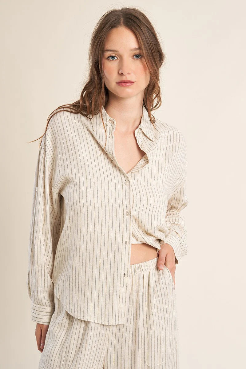 Coastal Linen Stripe Button Blouse