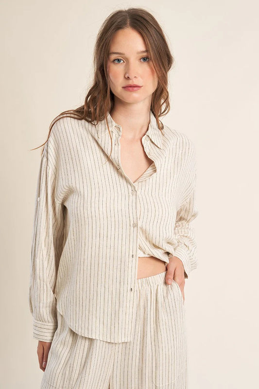 Coastal Linen Stripe Button Blouse