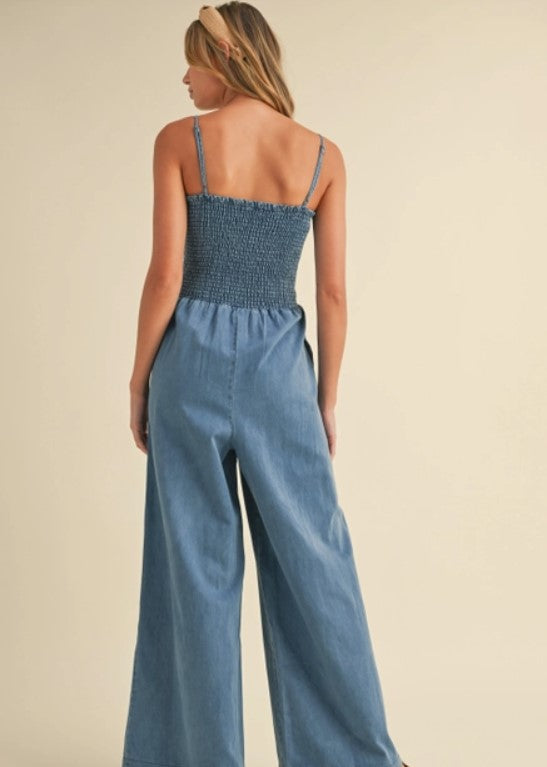 Smocked denim jumpsuit