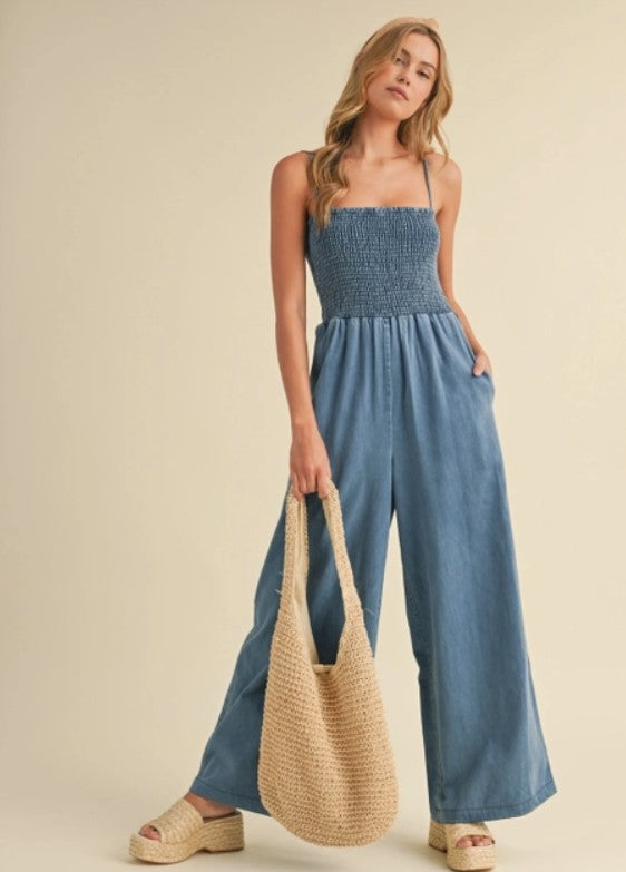 Smocked denim jumpsuit