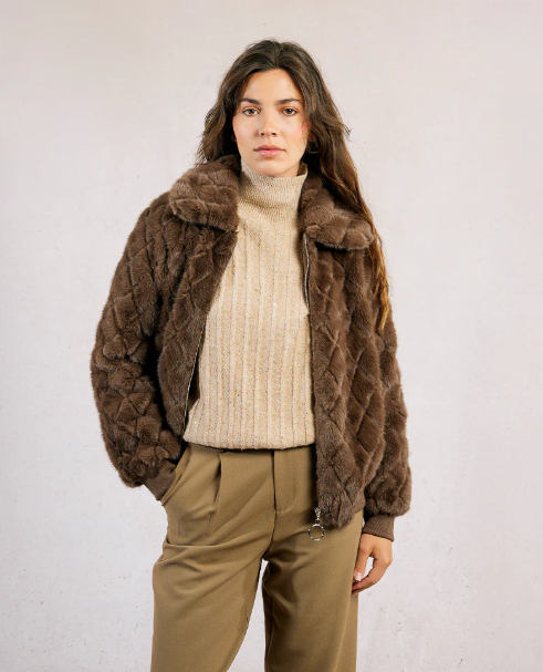 Sofia Bomber Fur Coat - brown luxe