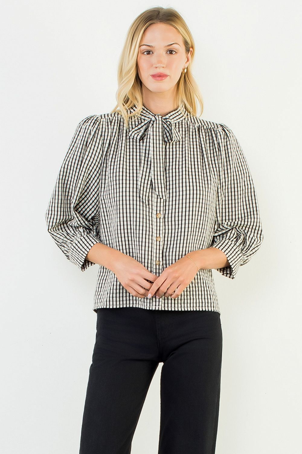 Gingham Tie Button Blouse