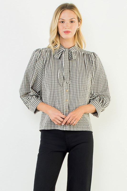 Gingham Tie Button Blouse