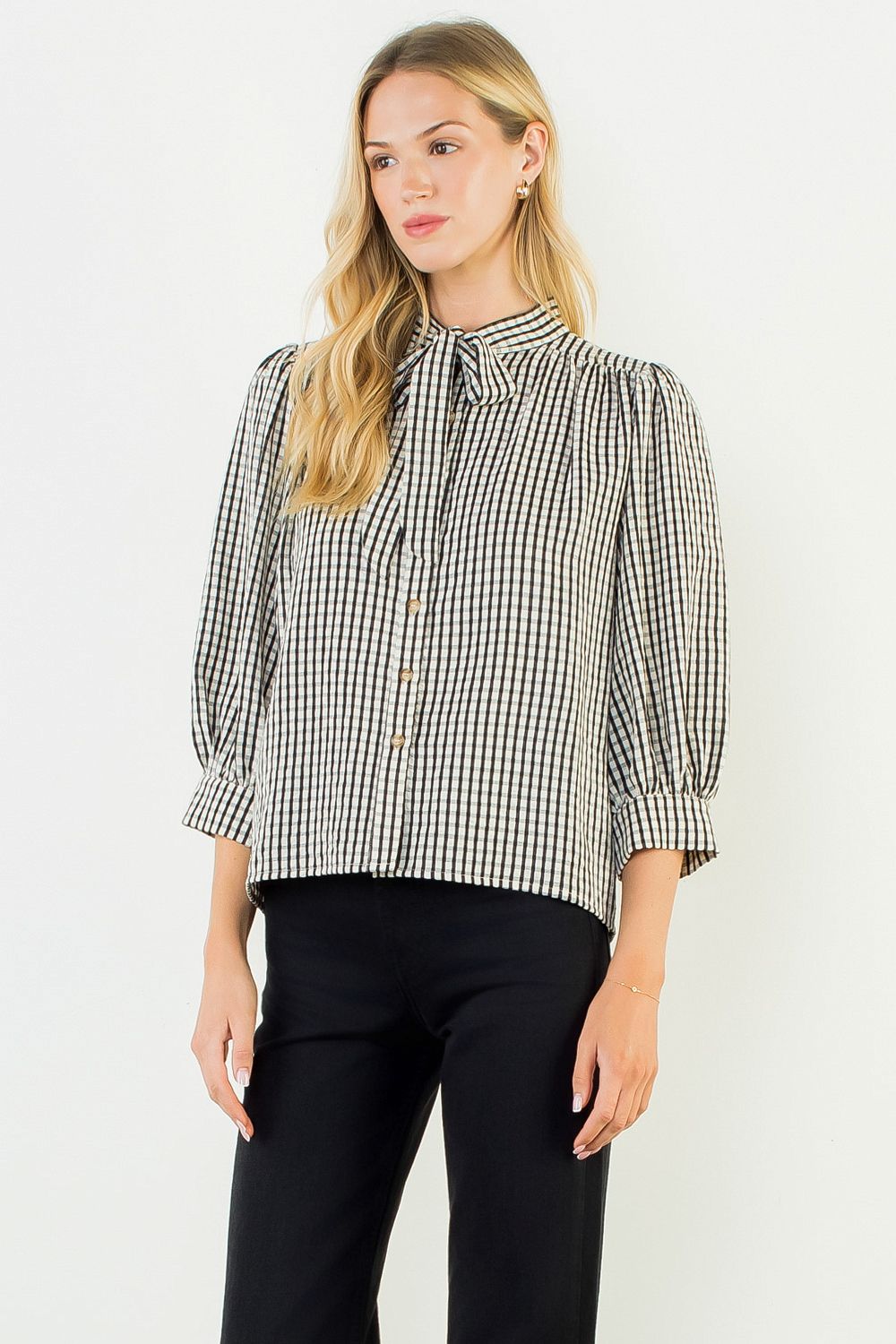 Gingham Tie Button Blouse