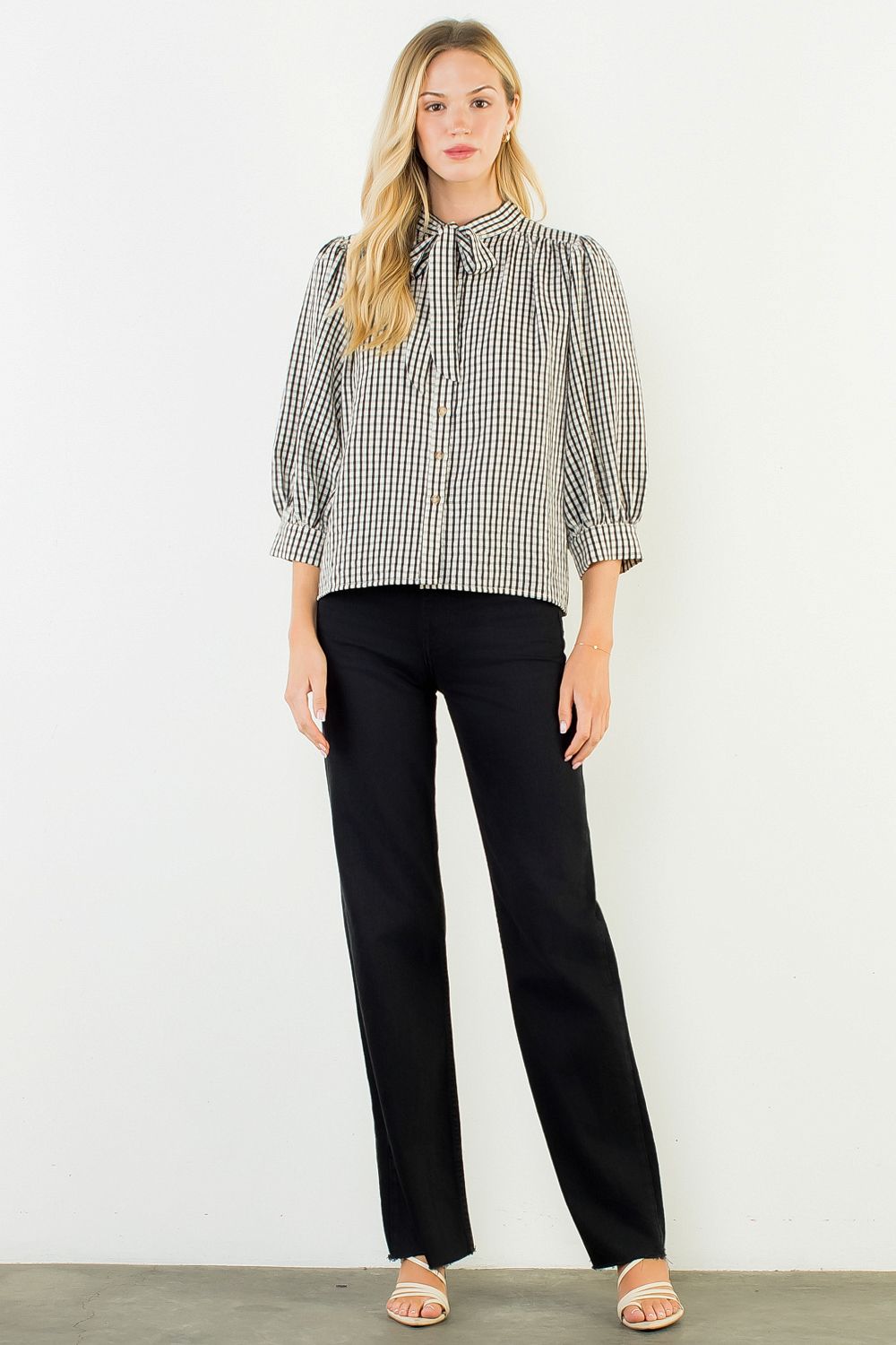 Gingham Tie Button Blouse