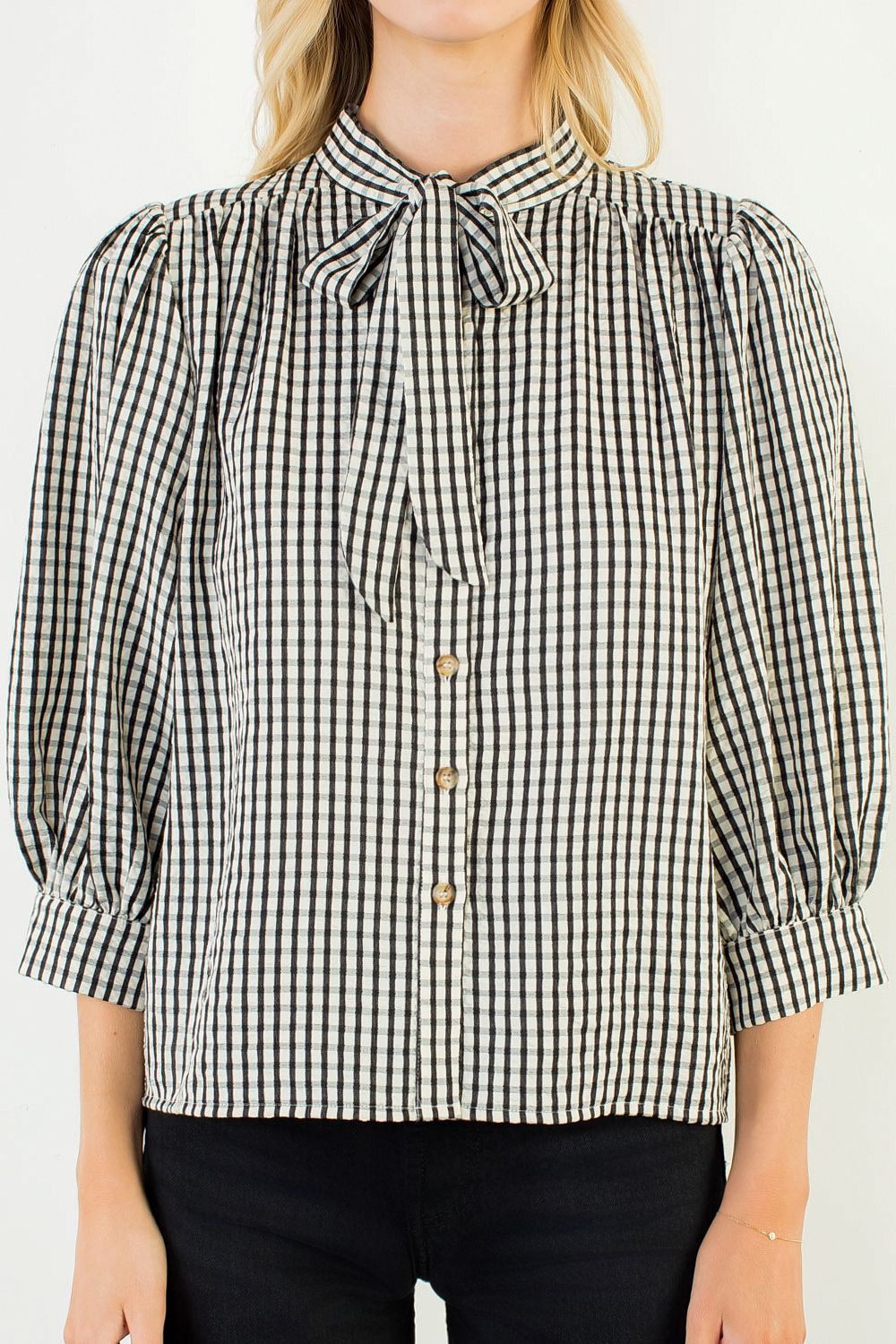 Gingham Tie Button Blouse