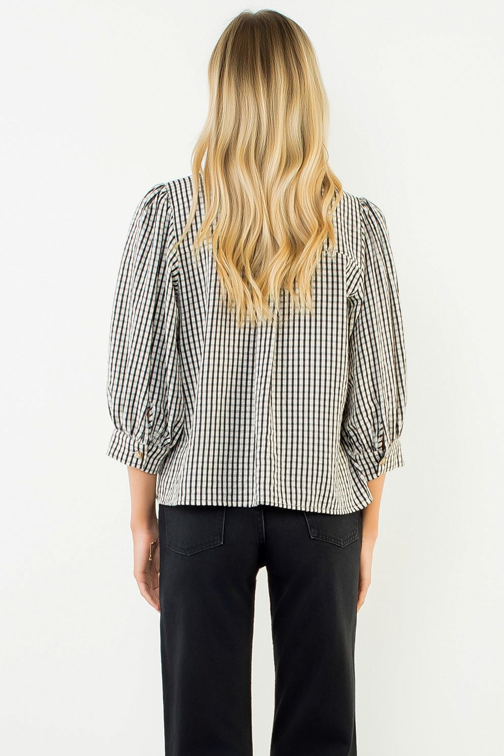 Gingham Tie Button Blouse