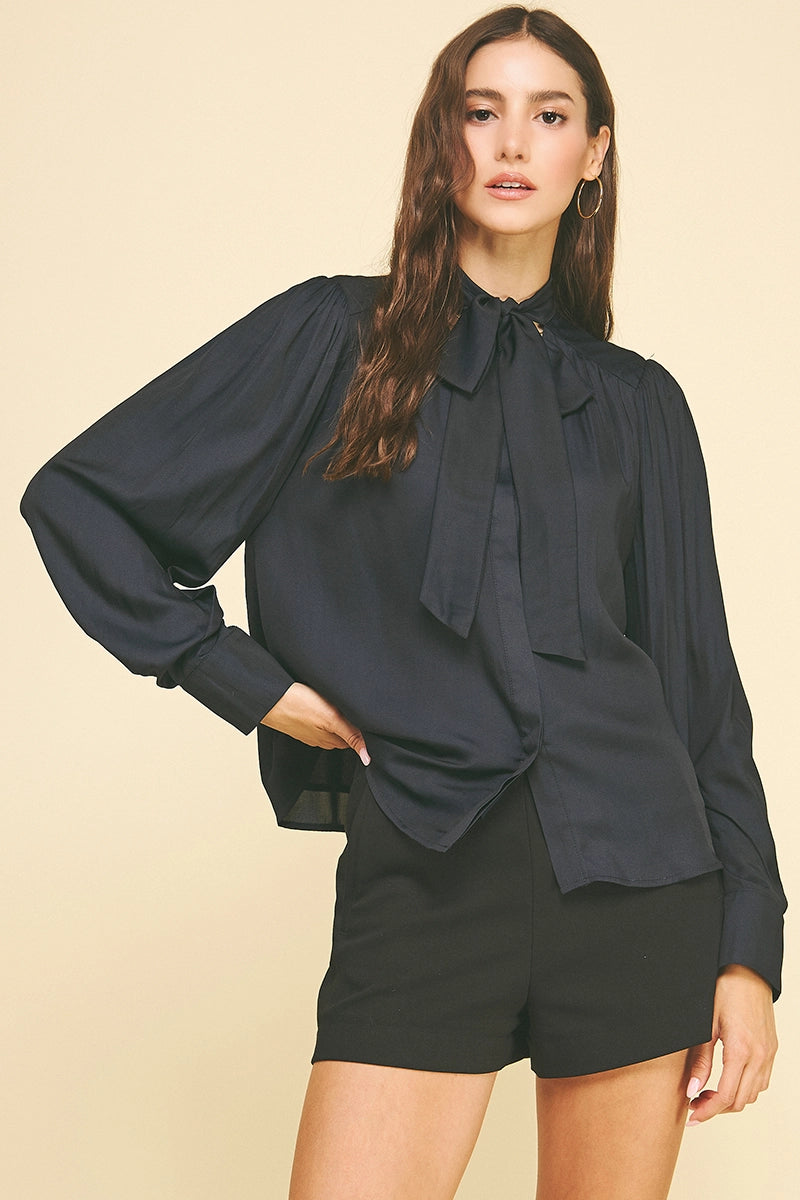 Bow Button Blouse - Ink