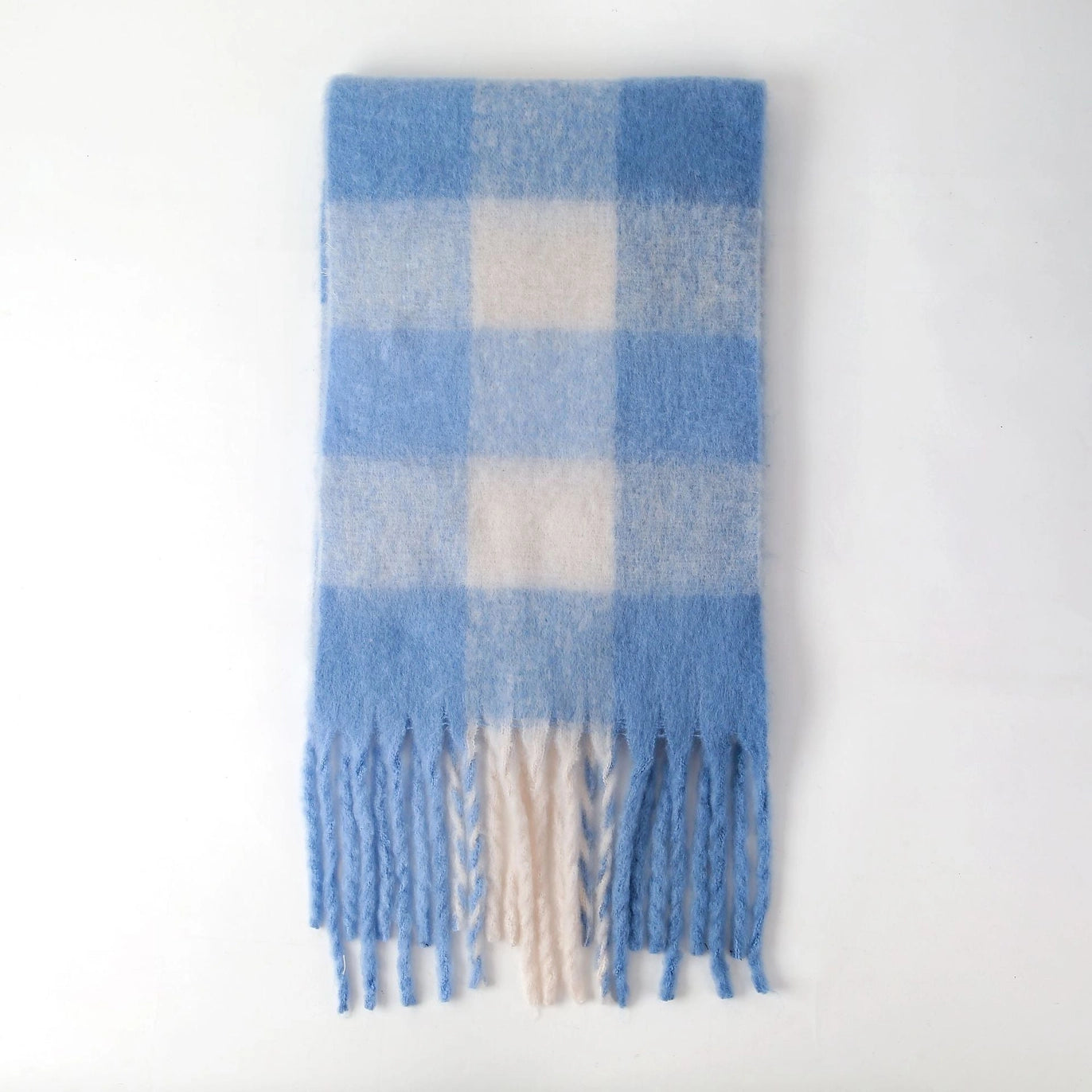 Cozy mohair scarf with fringe - ice blue/white