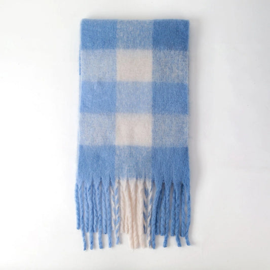 Cozy mohair scarf with fringe - ice blue/white