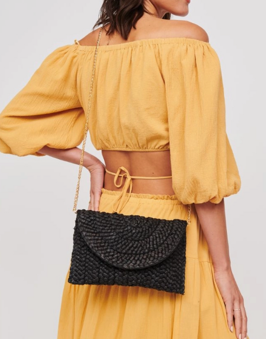 Raffia clutch with strap