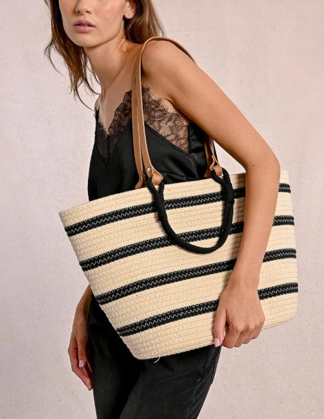 Striped woven beach bag - large