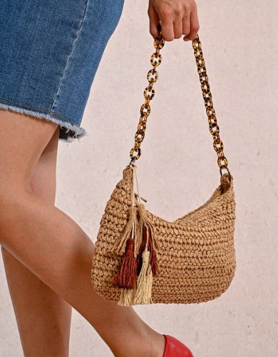 Rattan shoulder bag with link strip