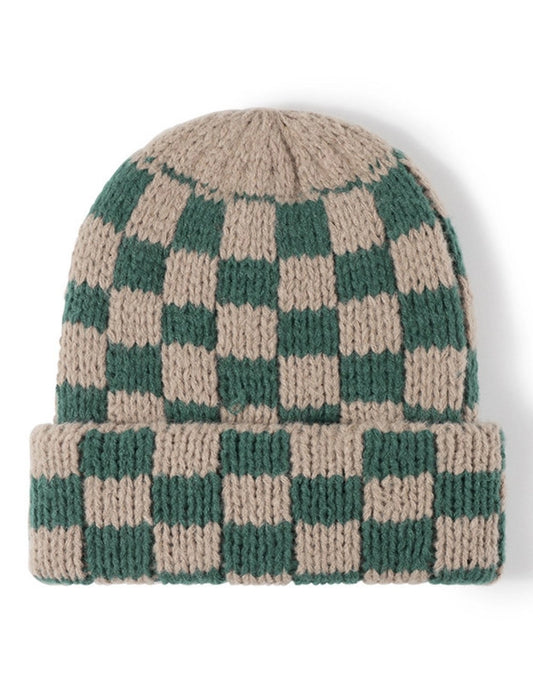Hat - Retro Checkered Beanie - Green/White