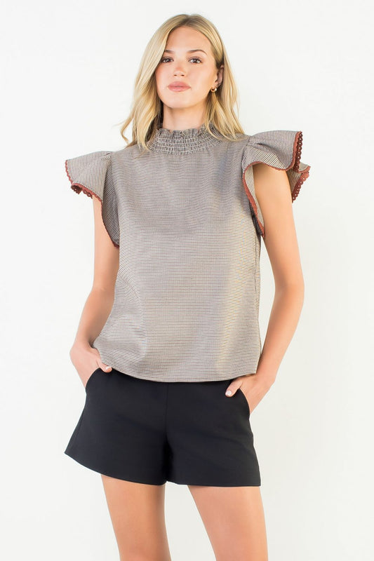 Fall houndstooth flutter sleeve blouse
